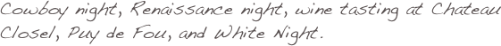 Cowboy night, Renaissance night, wine tasting at Chateau Closel, Puy de Fou, and White Night.